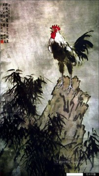 シュ・ベイホン・ジュ・ペオン Painting - 古い墨の岩の上に徐北紅の雄鶏